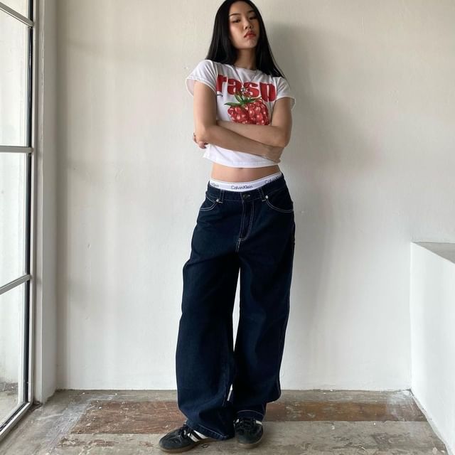 Washed Wide-Leg Loose-Fit Rise Low Jeans