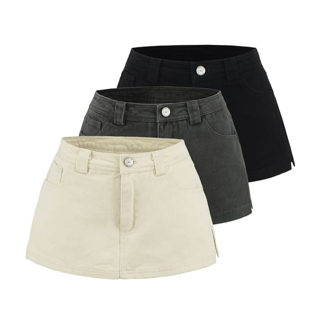 High Waist Plain Slit Mini Denim Skort