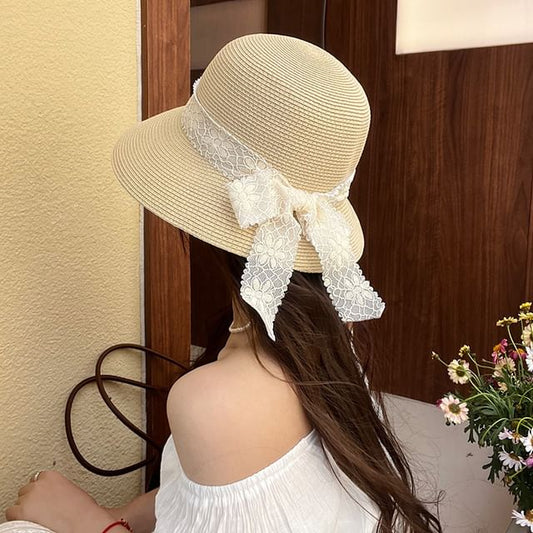 Ribbon Hat Bucket Lace Straw