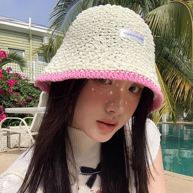 Applique Lettering Trim Contrast Knit Hat Bucket