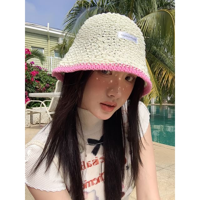 Applique Lettering Trim Contrast Knit Hat Bucket