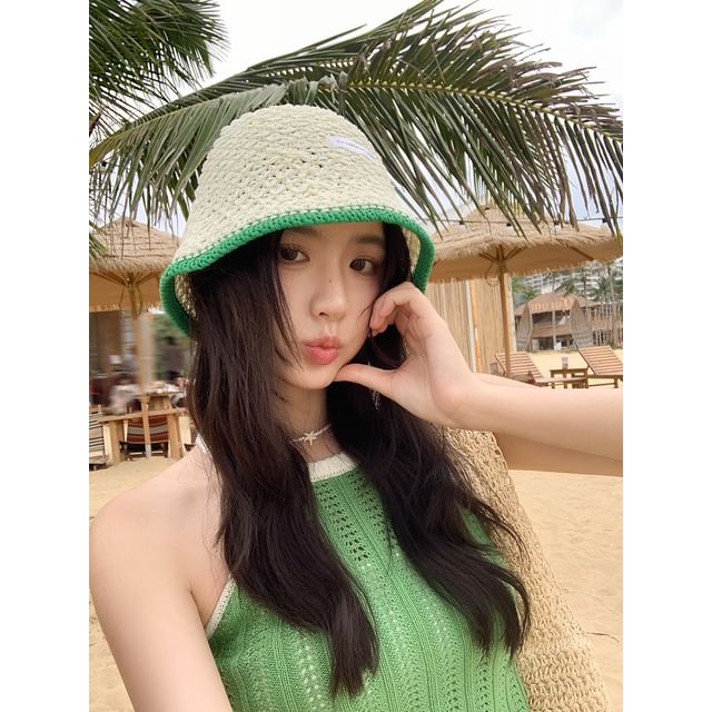 Applique Lettering Trim Contrast Knit Hat Bucket