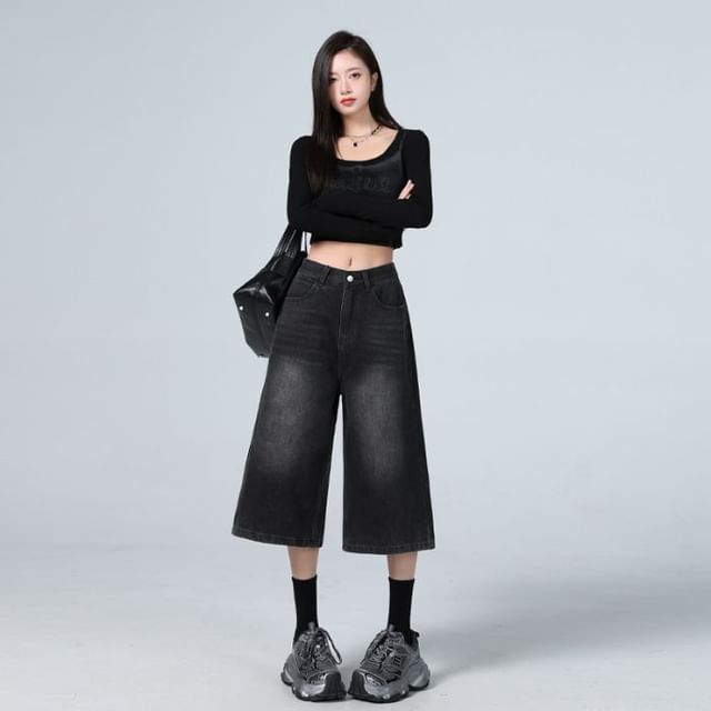 Mid Waist Washed Wide Leg Jorts