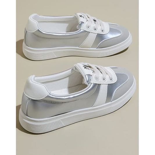 Leather Color Faux Sneakers Block Lace-Up