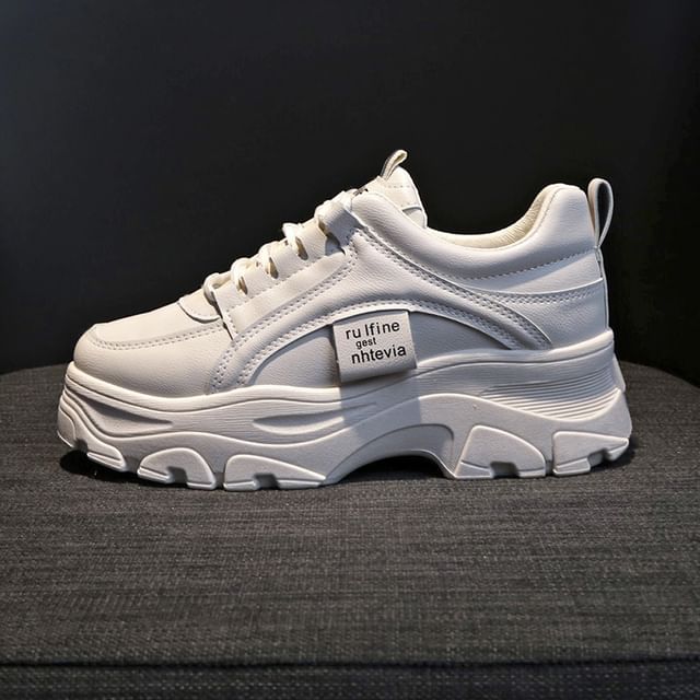 Lace-Up Plain Faux Sneakers Leather Platform