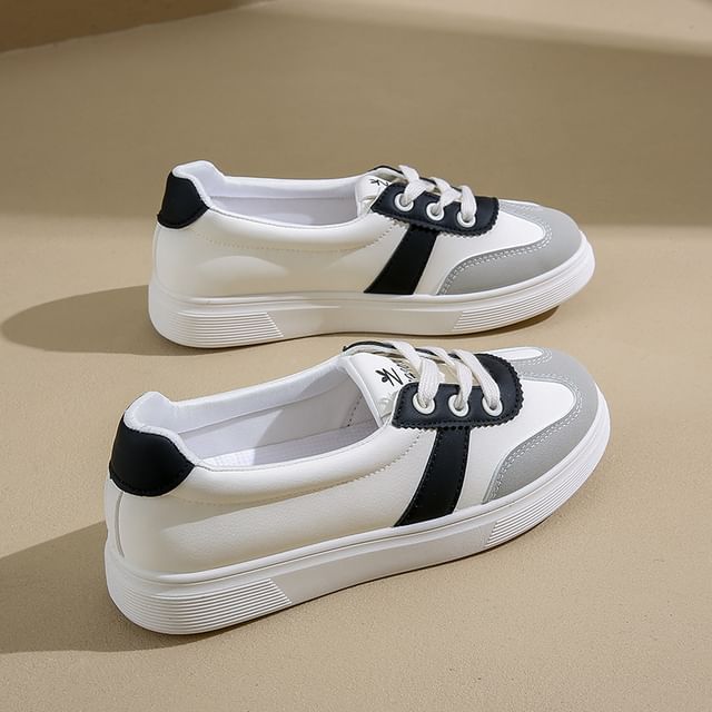 Leather Color Faux Sneakers Block Lace-Up