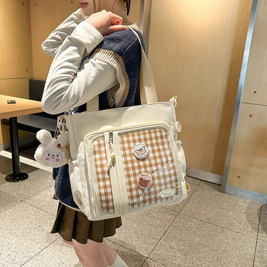 + Gingham Tote Multi-Pocket Bag Set: Badge