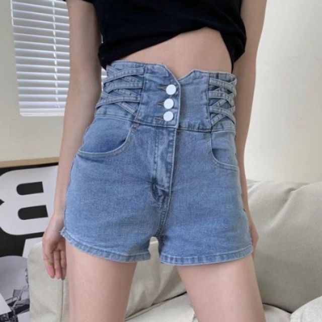 High Waist Washed Denim Lace Up Shorts