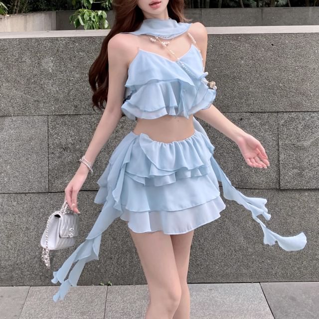 High A-Line / Crop Mini Camisole Ruffle Tiered Waist Plain Top Skirt