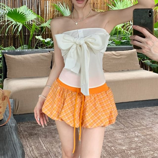 Plaid Bow Plain A-Line Tube Skirt Top Waist / Mini Balloon Drawstring