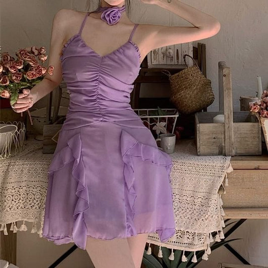 Spaghetti Plain A-Line Dress Strap Ruched Ruffle Mini