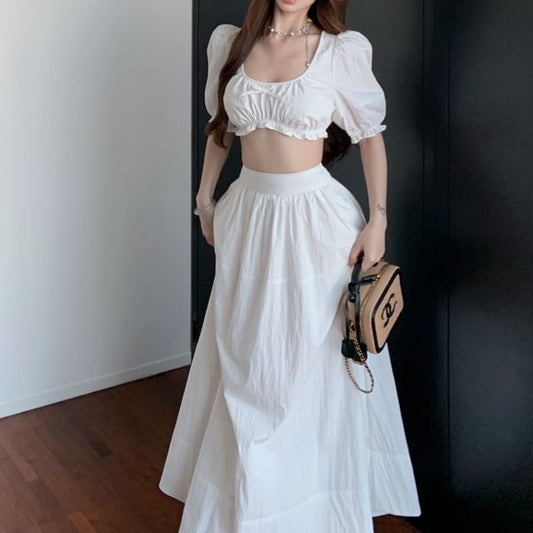 Scoop Neck Sleeveless Skirt A-Line Maxi High Plain Bow Blouse Frill Crop Rise /