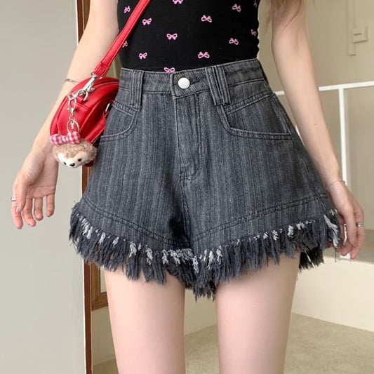 High Waist Denim Washed Shorts Fringe