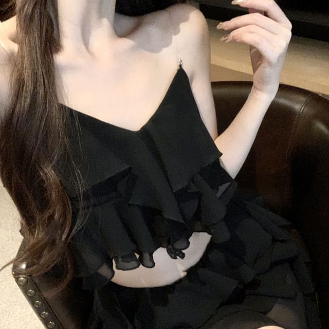 High A-Line / Crop Mini Camisole Ruffle Tiered Waist Plain Top Skirt