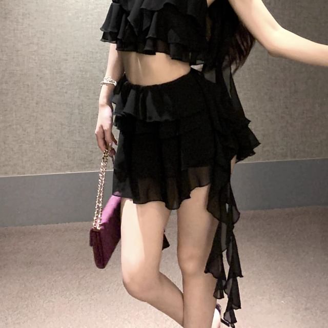 High A-Line / Crop Mini Camisole Ruffle Tiered Waist Plain Top Skirt