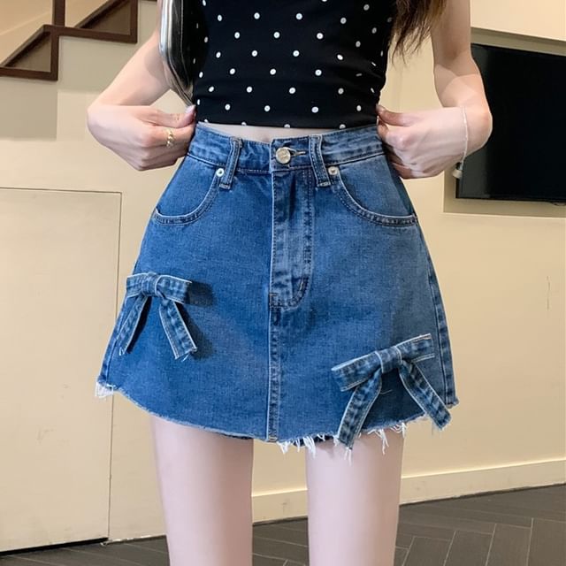 Denim Waist Shorts Fray Bow A-Line Mini High Washed