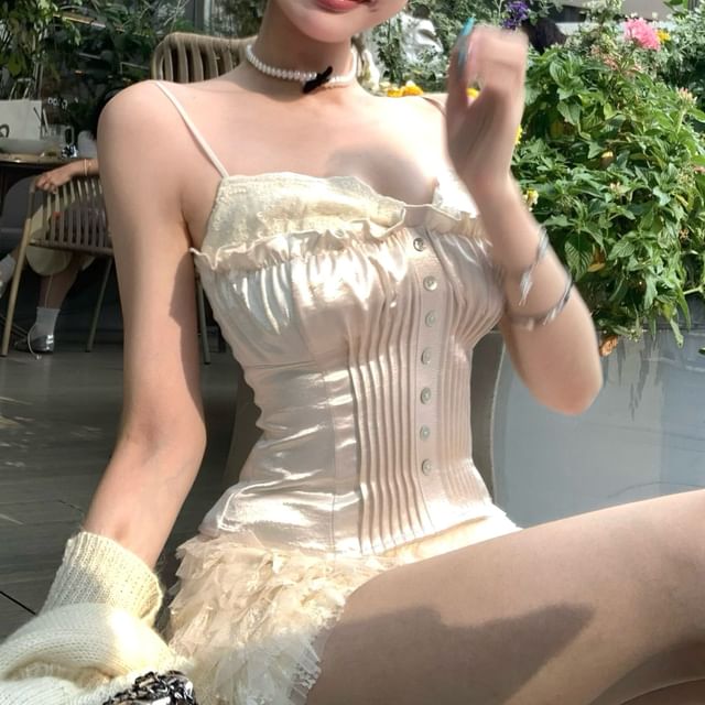 Button Tiered Satin High Panel Lace Pointelle V-Neck Camisole Shorts Plain Mesh Cardigan / Waist Top