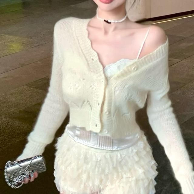 Button Tiered Satin High Panel Lace Pointelle V-Neck Camisole Shorts Plain Mesh Cardigan / Waist Top