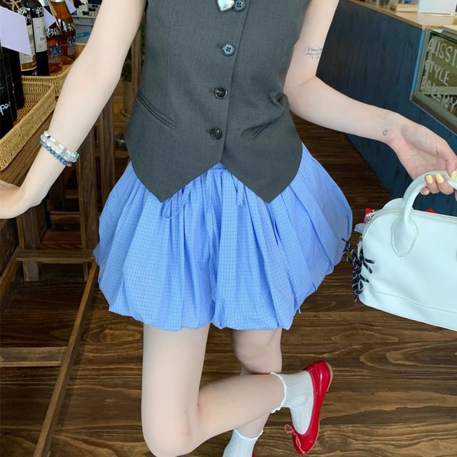 Shoulder Mini Button Top Plain Balloon One Waist / Skirt Sleeveless Drawstring A-Line