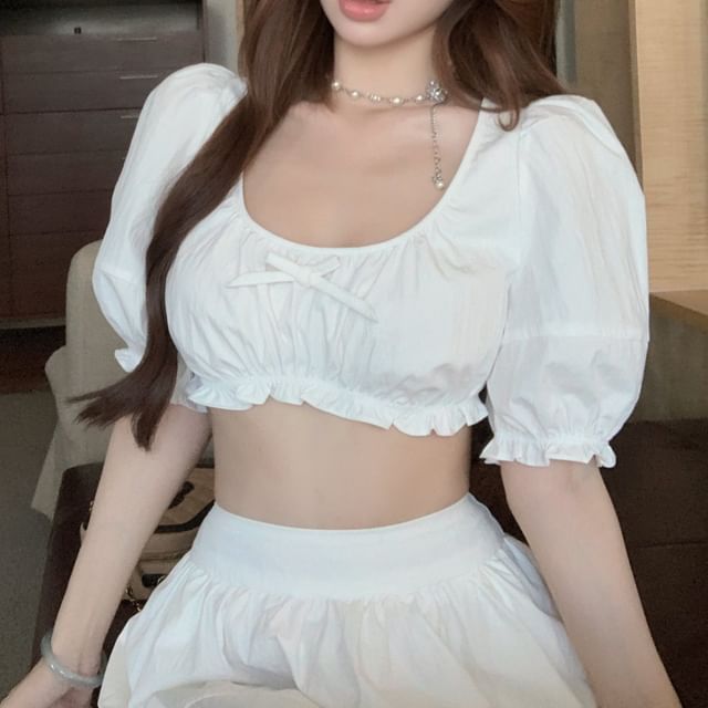 Scoop Neck Sleeveless Skirt A-Line Maxi High Plain Bow Blouse Frill Crop Rise /