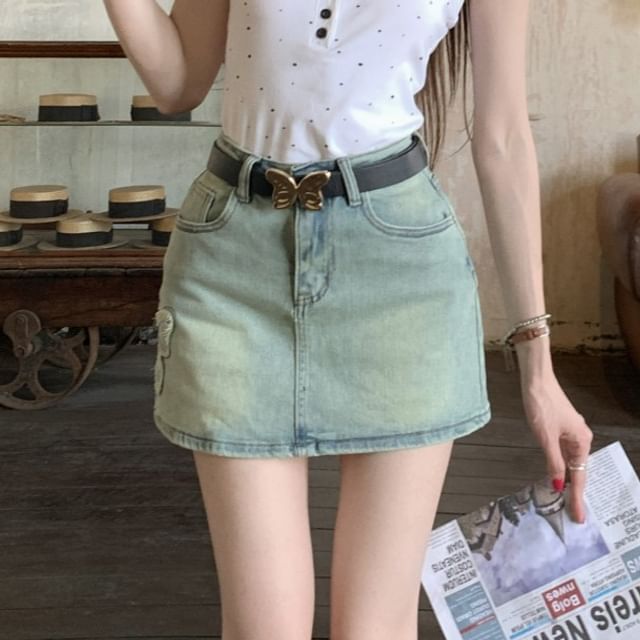 Washed Denim Skirt Butterfly High Applique A-Line Mini Rise