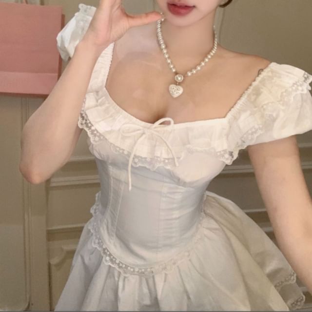 Square Ruffle / Bow Blouse Trim Cap Skirt Waist Sleeve Neck High Mini Lace Plain A-Line