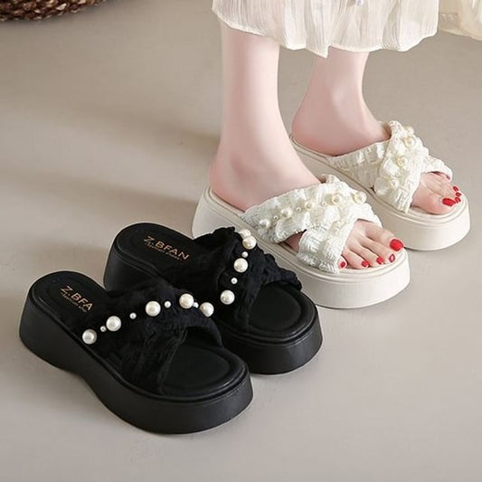 Cross Pearl Faux Slide Platform Criss Sandals