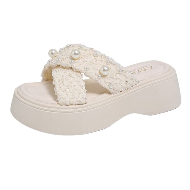 Faux Sandals Cross Pearl Criss Platform Slide