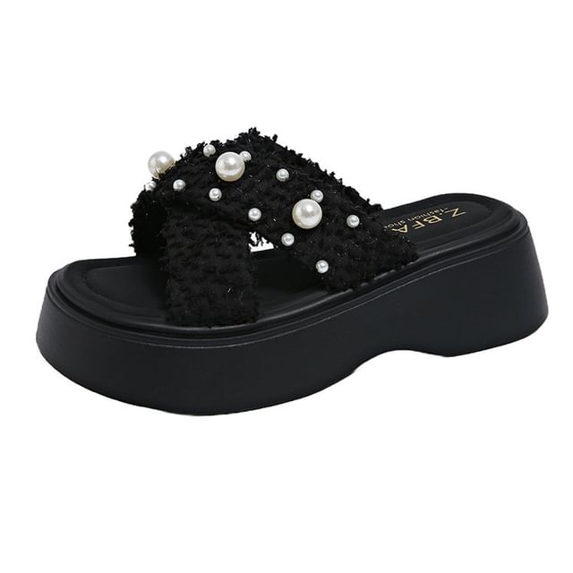 Faux Sandals Cross Pearl Criss Platform Slide