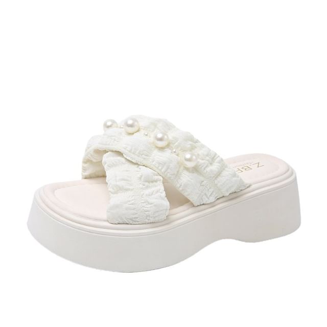 Cross Pearl Faux Slide Platform Criss Sandals