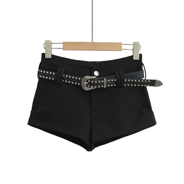 High Waist Plain Studded Belted Denim Shorts