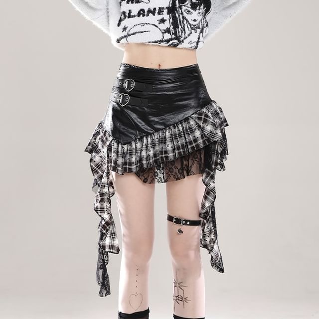 Faux Leather Lace Ruffle Mini Skirt