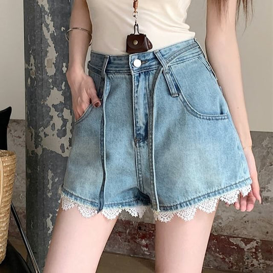 High Waist Lace Trim Washed Denim Wide Leg Shorts
