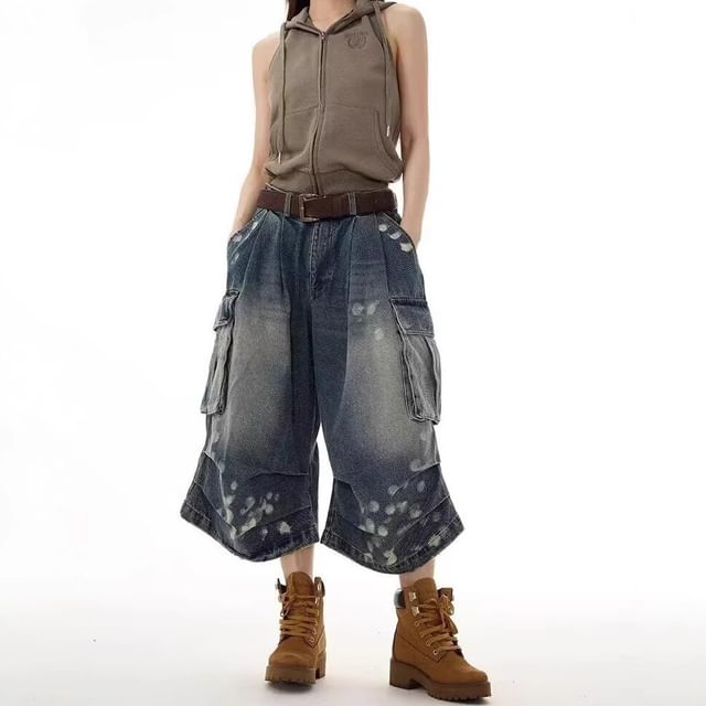Mid Waist Dotted Washed Pocket Detail Jorts