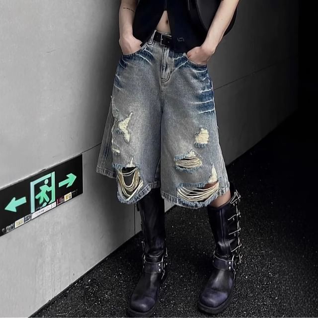 Low Rise Washed Distressed Denim Shorts
