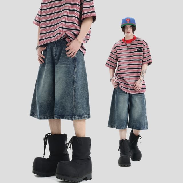 Couple Matching Mid Rise Washed Wide Leg Jorts