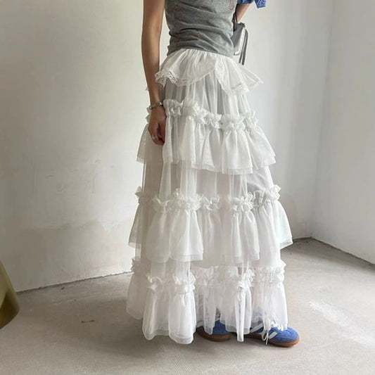 Ruffle Hem Maxi A-Line Skirt with Elastic Waist