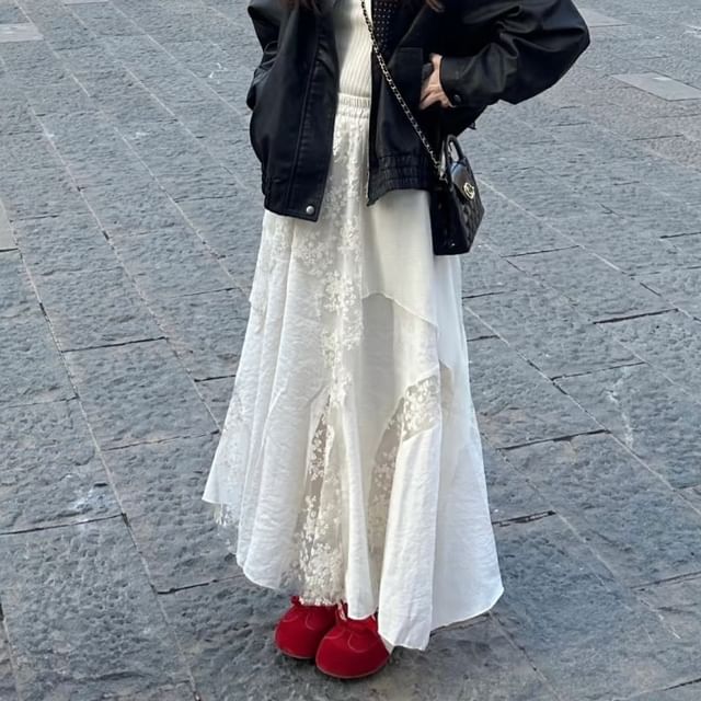 Lace-Trim Asymmetrical Maxi A-Line Skirt with High Rise