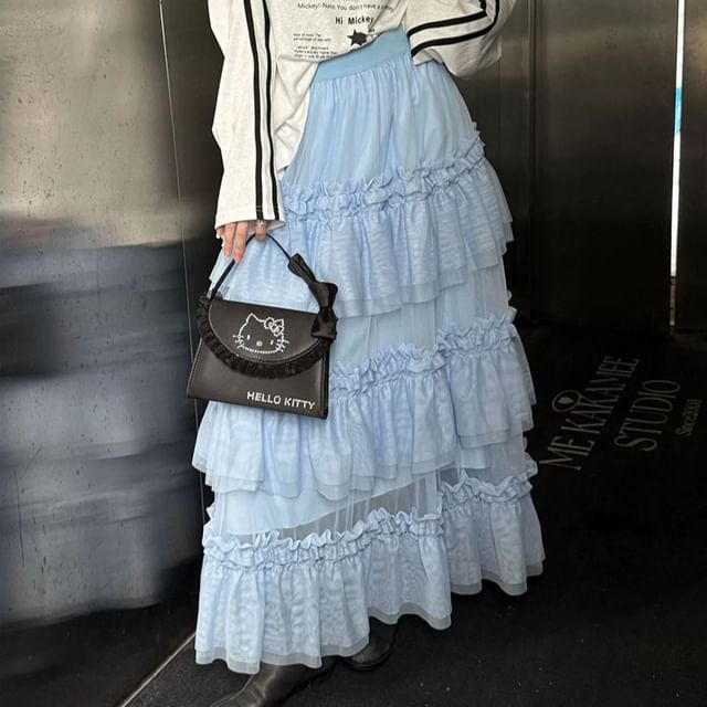 Ruffle Hem Maxi A-Line Skirt with Elastic Waist