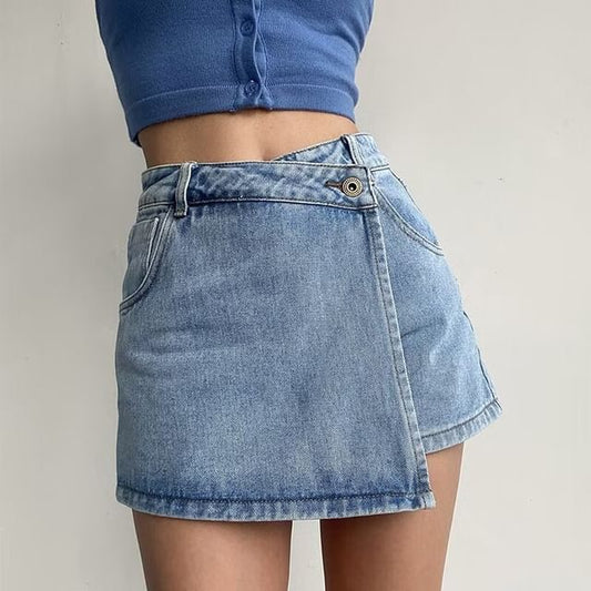 High Waist Asymmetrical Washed Denim Mini A-Line Wrap Skort