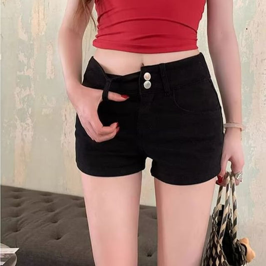 High Waist Plain Denim Hot Pants