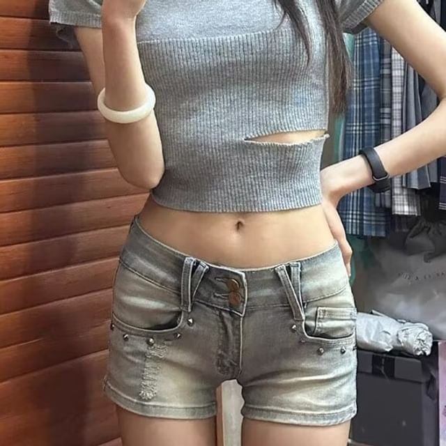 Low Rise Studded Washed Distressed Denim Hot Pants