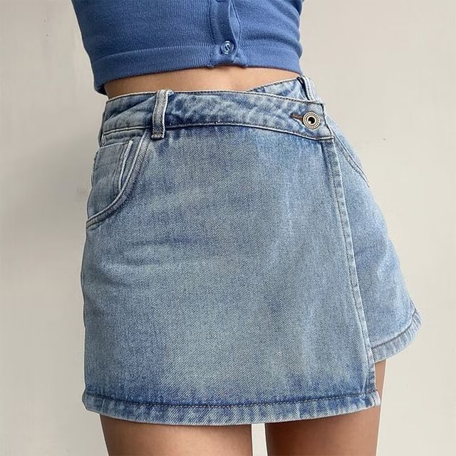 High Waist Asymmetrical Washed Denim Mini A-Line Wrap Skort