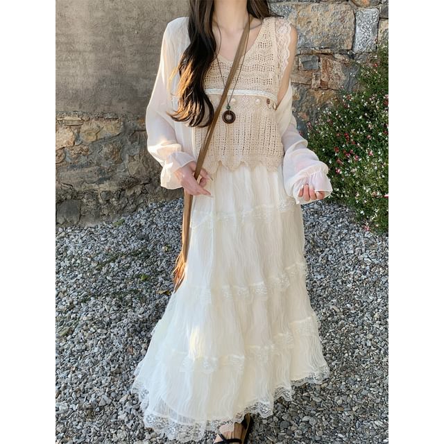 Lace Maxi Skirt with High Waist and Jacket Combo