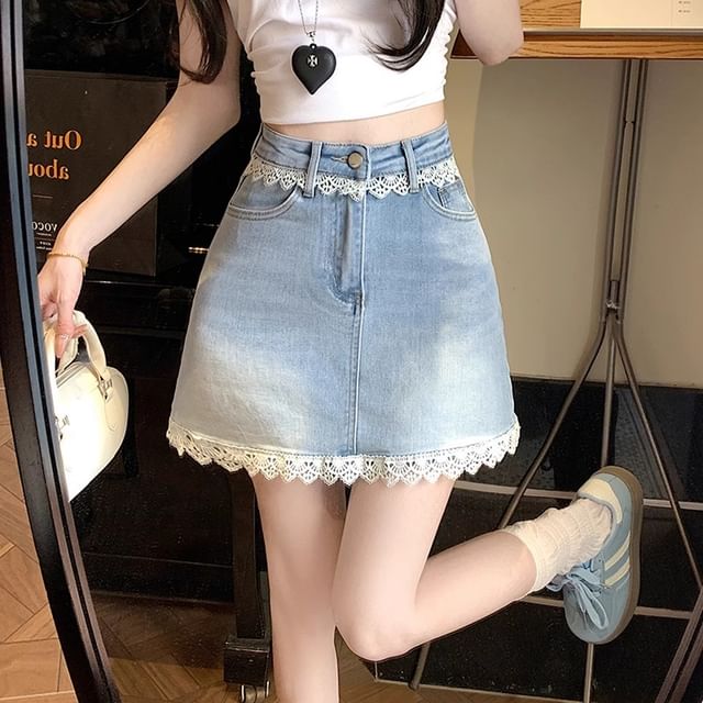 Lace-Trimmed Denim Flared Mini Skirt