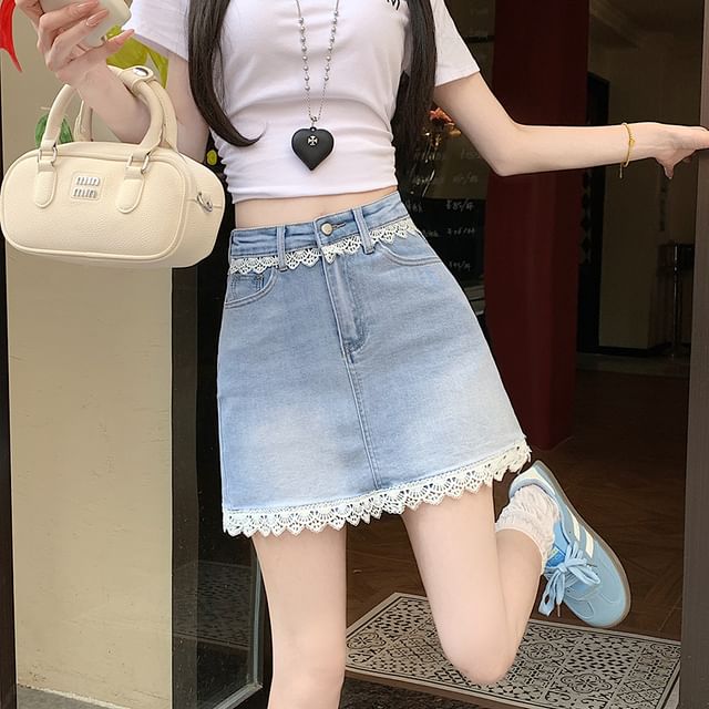 Lace-Trimmed Denim Flared Mini Skirt