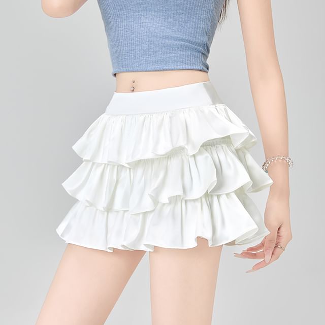 Layered Ruffle High-Waisted Flared Mini Skirt