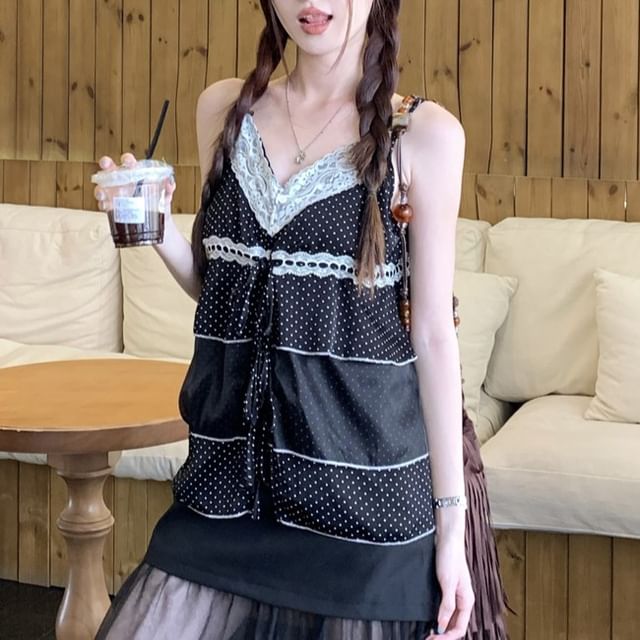 Dotted Lace Camisole with Mesh Panel Maxi Skirt