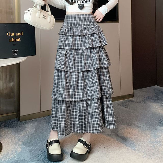 Plaid Tiered Maxi Skirt with High Waist