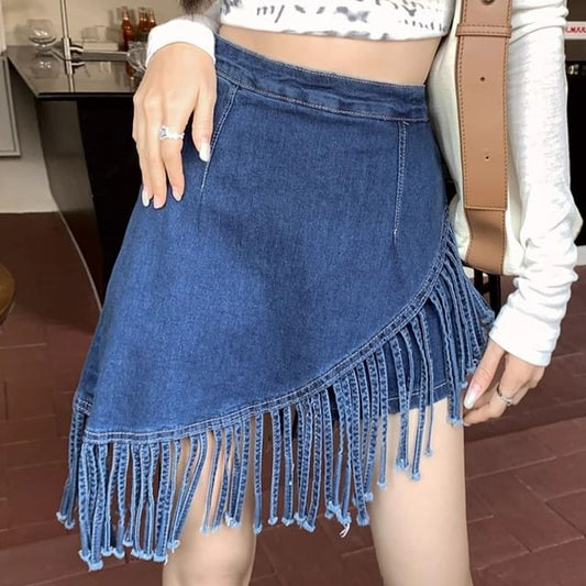 High Waist Washed Fringe Asymmetrical Mini A-Line Denim Skort